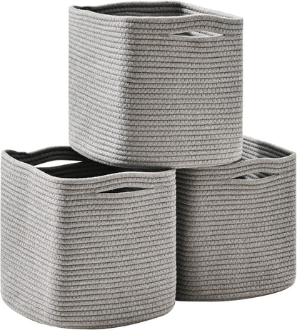 11 Inch Cube Storage Bins, Storage Cube Organizer Bins, Woven Cotton Rope Basket for Storage, Storage Baskets for Organizing Shelves, Grey Baskets for Toys Nursery, Grey (Pack of 3)