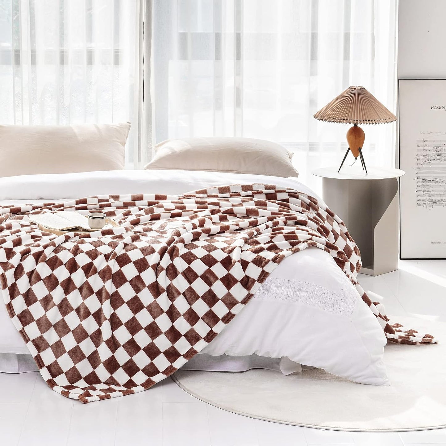 LOMAO Throw Blankets Flannel Blanket with Checkerboard Grid Pattern Soft Throw Blanket for Couch, Bed, Sofa Luxurious Warm and Cozy for All Seasons (Coffee, 50"x60")