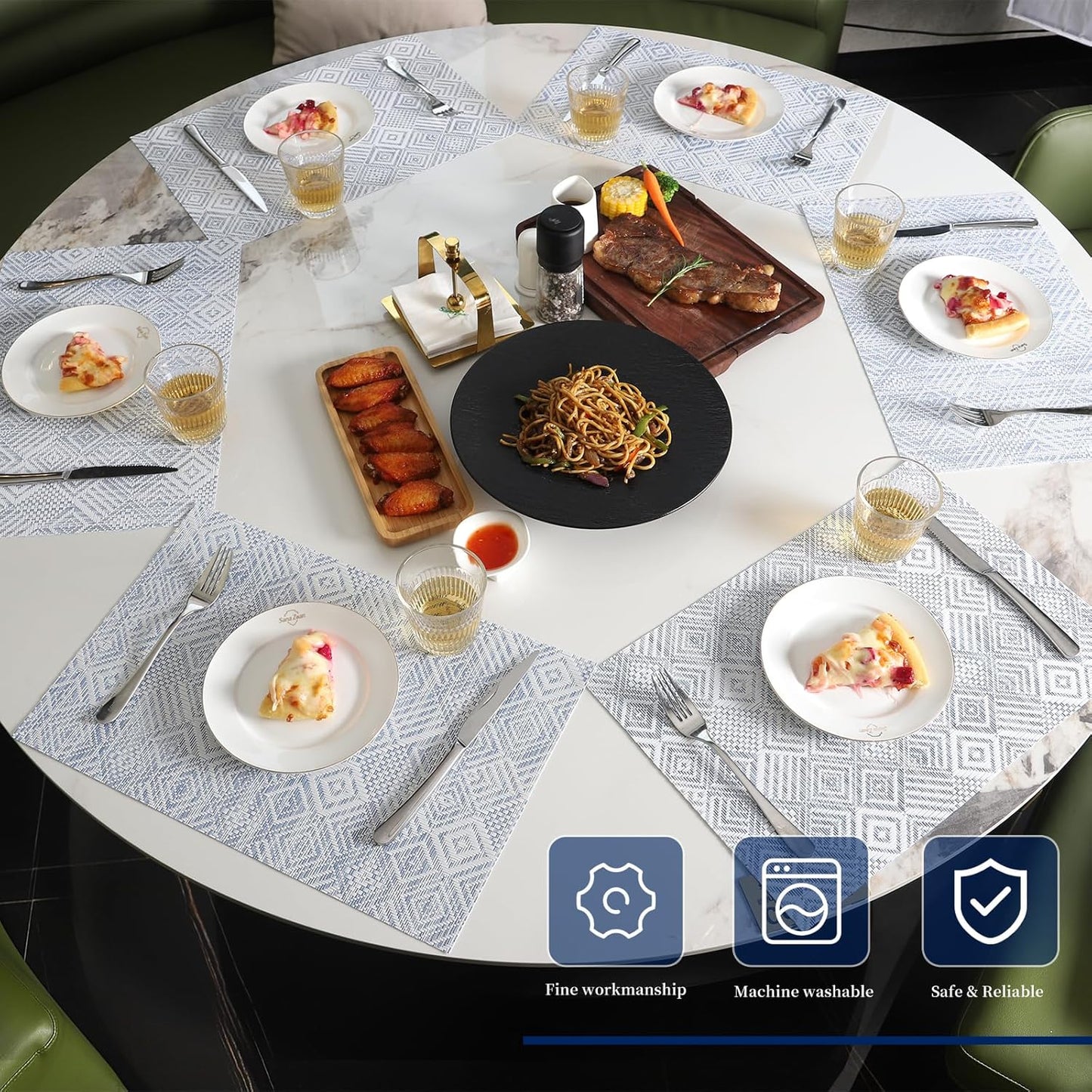 Vinyl Plastic Placemats Set of 6 Washable Heat Resistant Non-Slip Elegant Indoor Outdoor Kitchen Dining PVC Woven Table Place Mats (Blue Squares)