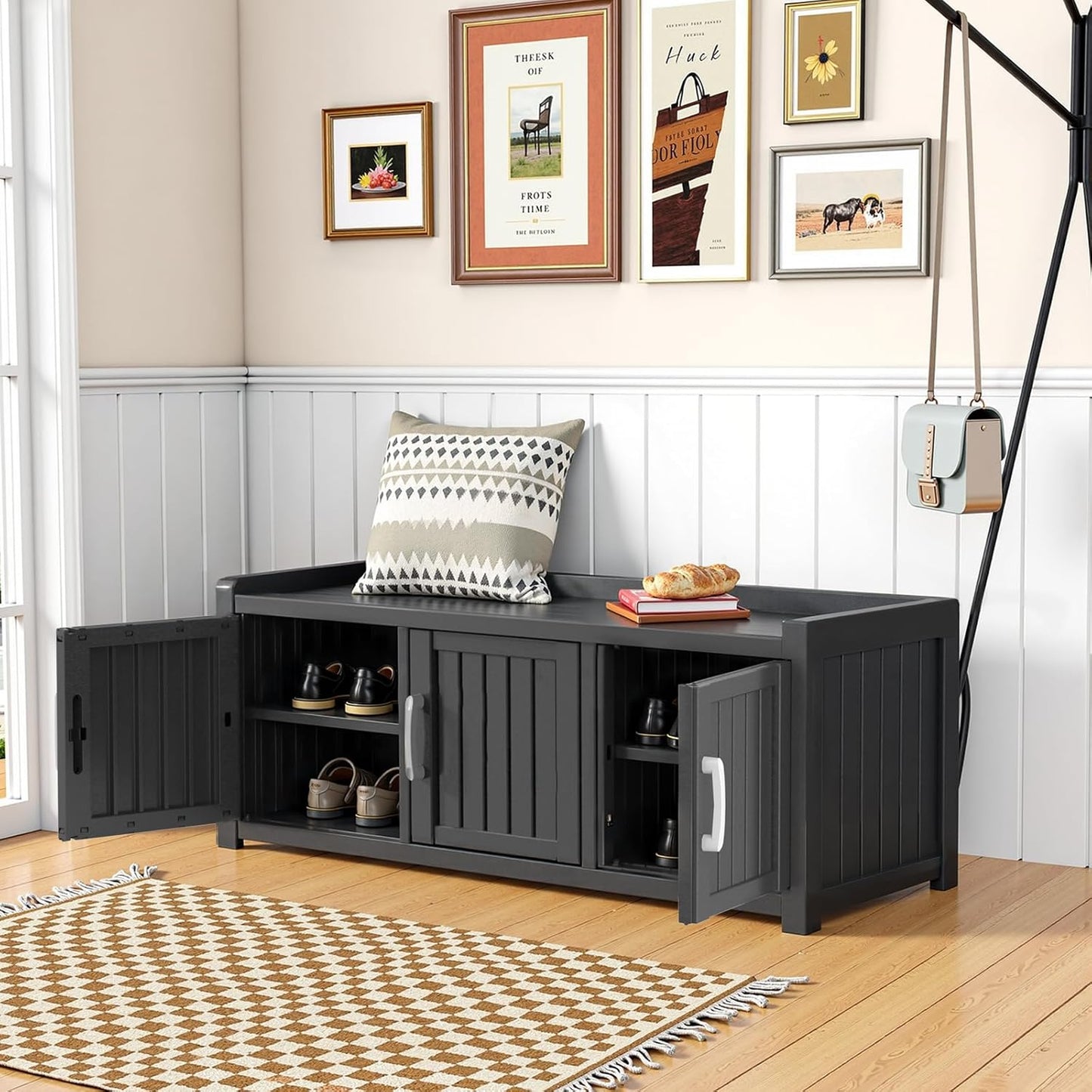 ROJIK Shoe Cabinet Waterproof UV-Resistant,Storage Bench Indoor Outdoor with Adjustable Shelves,for Entryway Bedroom,Hallway,Living Room(3 Door,Black)