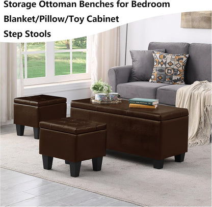 Ottoman with Storage Set of 3, 38'' Button Tufted Storage Ottoman with 2 Stools, Easy Open & Close w/Safety Hinges, Extra Seating Foot Rest for Living Room (Brown - PU Leather)