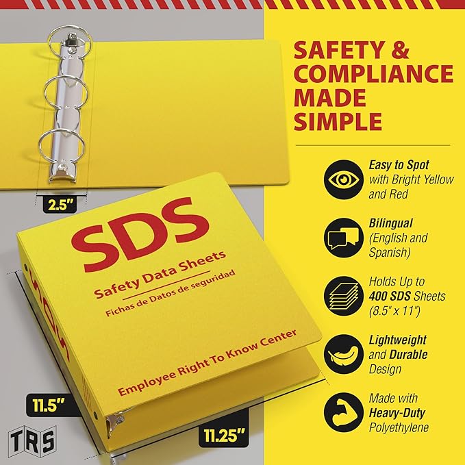 SDS Poly 3-Ring Binder 2 Inch - Bilingual English/Spanish Safety Data Sheet Binder - Heavy Duty MSDS Organizer for OSHA Compliance - Holds up to 400 SDS Sheets - Bright Yellow for High Visibility