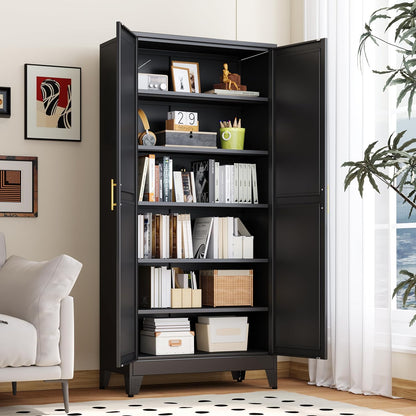 Kitchen Pantry Storage Cabinet with Doors and Adjustable Shelves, Metal ClosetMaid Food Pantry Cabinets, 75" Tall Freestanding Cupboard for Kitchen, Laundry or Utility Room, Black