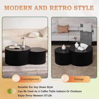 Round Nesting Coffee Table Modern Fluted Coffee Table Set of 2 Circle Drum Coffee Tables Small Round Accent Side End Table for Living Room No Assembly (Black B 27in)