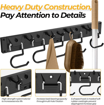 34 Inch Garden Tool Organizer Wall Mount with Non Slip Rubber Coated Metal Hooks, Storage Rack for Indoor/Outdoor Shovel, Rake, Mop and Broom Holder Wall Mount （ 10 Hooks+10 Holders