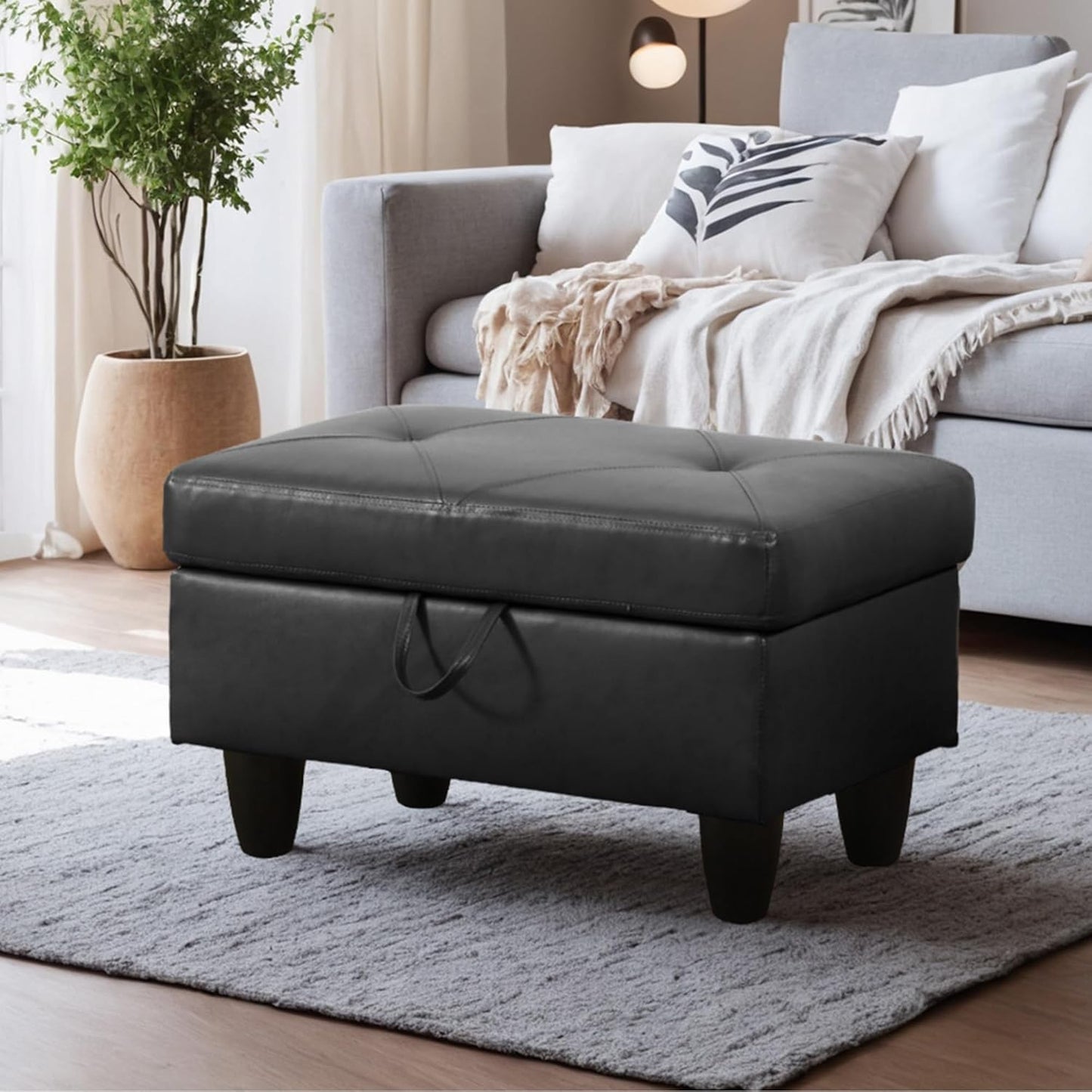 Ottoman Rectangular Storage Ottoman Bench, Faux Leather Footrest, Coffee Table, Stool Footstool with Hinged Lid for Living Room, Bedroom, Entryway, Black, 28.5"x19"x17.5"