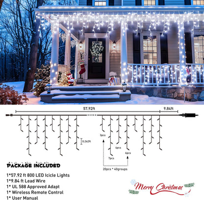 JMEXSUSS Christmas Icicle Lights for Outside: 800 LED White Icicle Lights Outdoor Waterproof - White Christmas String Lights for House Wedding Party Christmas Decoration