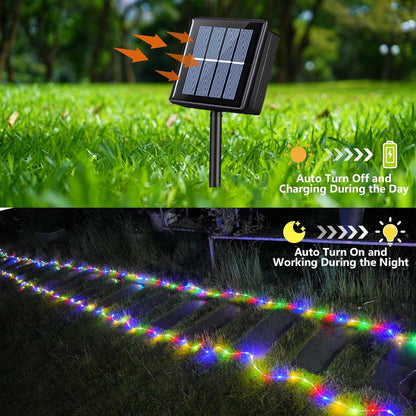 YEGUO 2 Packs Each 33ft 100 LED Solar Trampoline Lights Multicolor, Solar Rope Lights for Outside, 8 Modes Fairy Lights in Clear Thin Tube for Camping Fence Patio Garden Deck