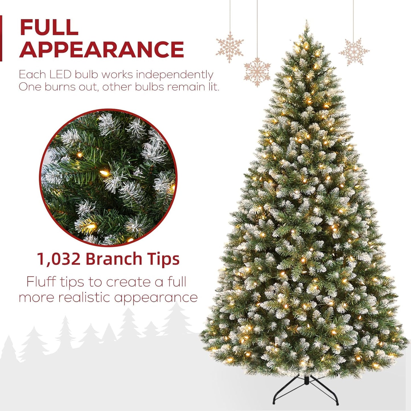 Hykolity 6 ft Prelit Christmas Tree with 250 LED Warm White Lights, Partially Snow Flocked Artificial Tree, 1032 PVC Branches, Metal Stand and Hinged Branches, Holiday Decoration for Home