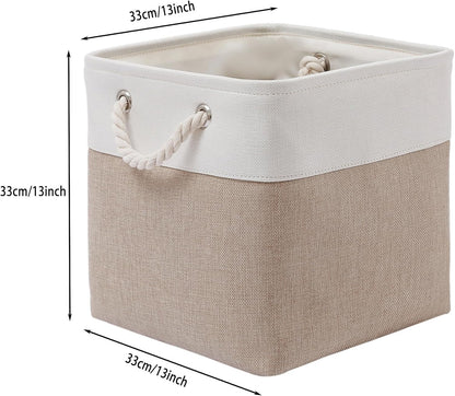 13 x 13 Inch Cube Storage Bins, 4 Pack Large Collapsible Fabric Storage Bin with Ropes, Foldable Storage Cubes for Home, Office,Closet, Clothes, Toys Organizer (White & Beige)