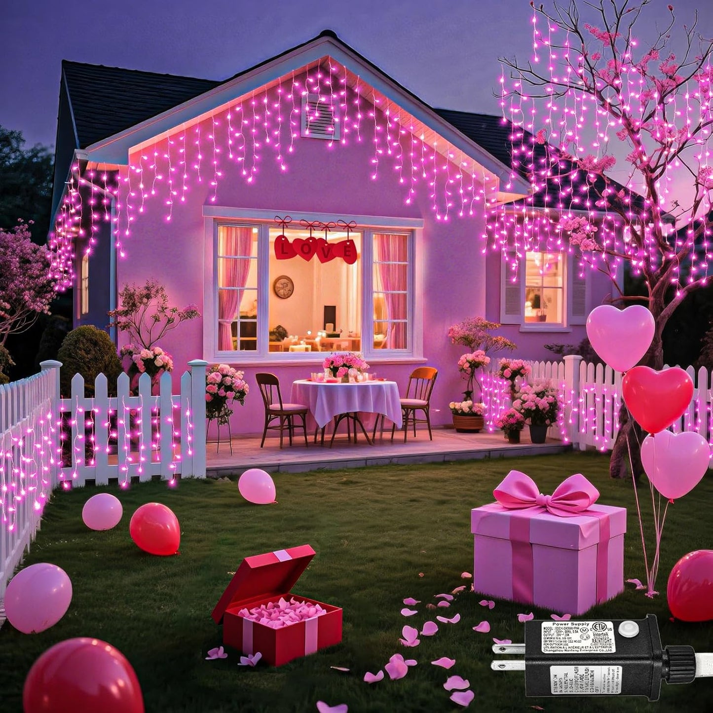 Pink Christmas Lights Outdoor, 33ft 400 LED Icicle Lights for Outside Clear Wire Connectable Twinkle Light with 8 Modes Timer Plug in Waterproof for Window Party Wedding Holiday Patio Tree Decorations