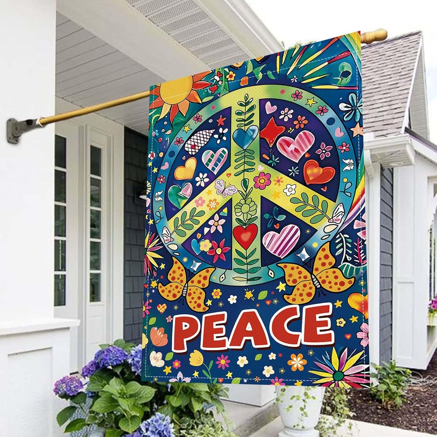 Peace Garden Flag Butterfly Flowers Art Garden Yard Flags Double Sided Colorful Farmhouse Holiday Decorative Yard Flag, Porch Outdoor Decoration Sign Banner (28X40INCH)