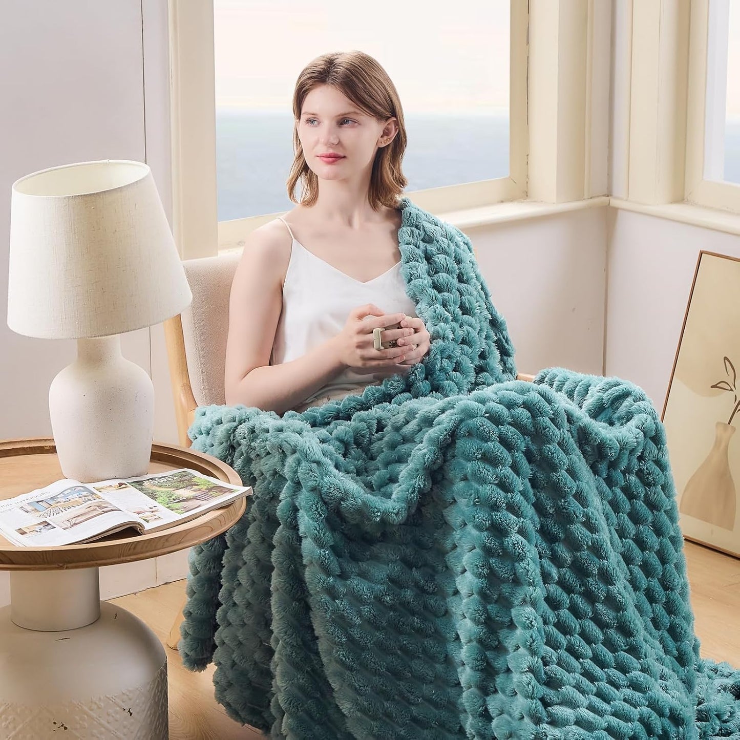 NEWCOSPLAY Super Soft King Blanket Light Teal Premium Silky Flannel Fleece 3D Clouds Stylish Jacquard Lightweight Bed Blanket All Season Use 350GSM (Light Teal, King(90"x110"))