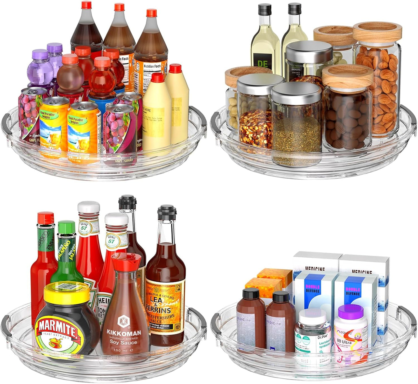 Clear Lazy Susan Organizer Turntable for Cabinet Table Top, 9.25 Inch 4 Pack 360 Rotating Spinning Makeup Organizer for Vanity, Kitchen Storage Rack Heavy-Duty Pantry Spices Tray Countertop Organizer