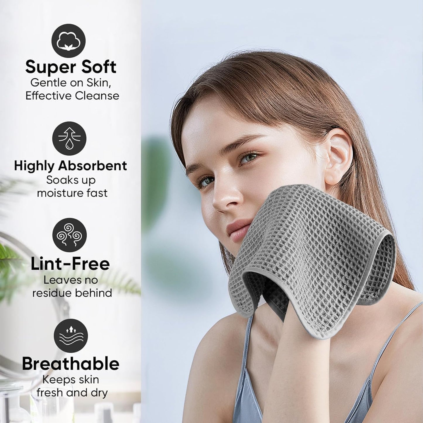 Microfiber Waffle Face Towels, 2 Pieces, Soft, Absorbent, Fast Drying, Lint Free (Gray)