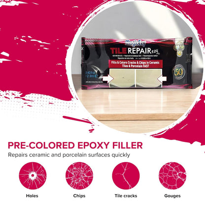 MagicEzy Tile RepairEzy (Light Gray/White Kit) - Porcelain Tile Repair Kit - Fix Cracked or Chipped Ceramic Tiles Fast - Thick Structural Repair Filler, Putty and Adhesive for Tiles