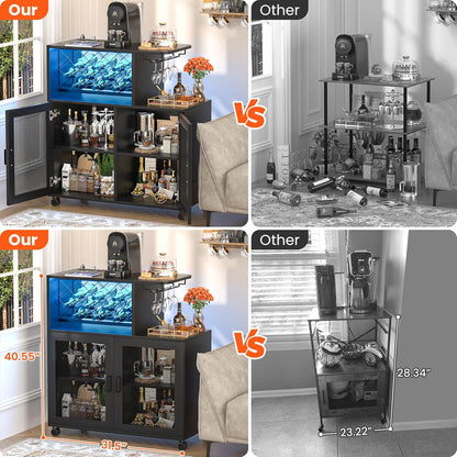 Wine Bar Cabinet with Wheels, Small Liquor Cabinet with LED Light, Home Bar Cart with Power Outlets, Coffee Bar with Wine Rack, Glasses Storage for Kitchen, Dining Room, Living Room, Black