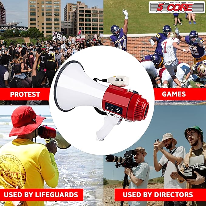 5 CORE Megaphone 60W Bull Horn Professional PA Speaker w 1200 Yards Range Loud Siren Voice Amplifier USB/SD/3.5mm Aux Portable Megafono for Emergency Outdoor Sports and Coaches - 77SF