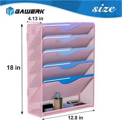 6 Tier Hanging File Organizer, Mesh Wall File Holder Paper Folder Rack with Bottom Flat Tray for Office Home, Pink