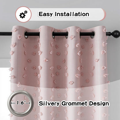 MYSKY HOME 100% Blackout Curtains for Girls Bedroom 90 Inch Long Total Room Darkening Curtain for Living Room 2 Panels Grommet Light Blocking Sliding Door Drapes Blush Pink Pom Pom Sheer 52" x 90"