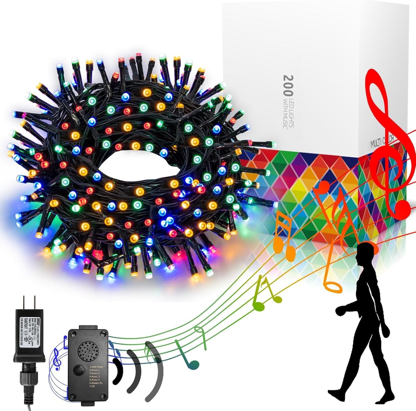 PEIDUO Christmas Lights with Music, Infrared Motion Sensor Controller with 6 Modes, Waterproof for Xmas Outdoor Garden Party Decor, Plug in, Multicolor Lights