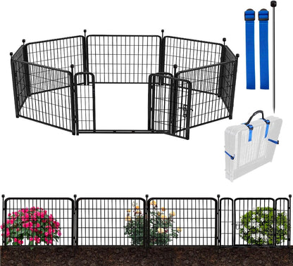 ADAVIN Garden Fencing 24 Inch High, Low Threshold Gate, 8 Panels Total 19.7 Ft(L), Temporary Fences for Dogs Outdoor, Fencing for Garden Beds, Black Metal Decorative Flowers Fence, Rabbit Fence