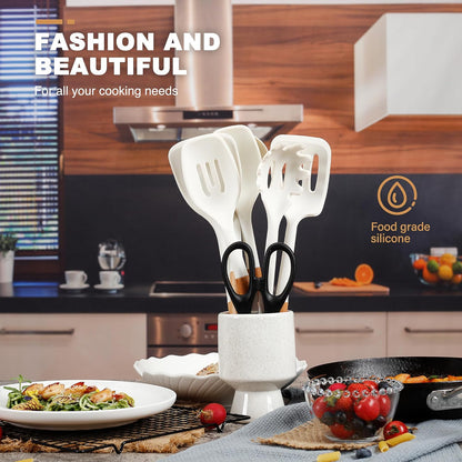 QMVESS Silicone Cooking Utensils Set, Kitchen Utensils Set 7 Pcs with Long Wooden Handle, Food Grade and Heat Resistant Large Silicone Spatula Set for Nonstick Cookware, BPA Free（White）