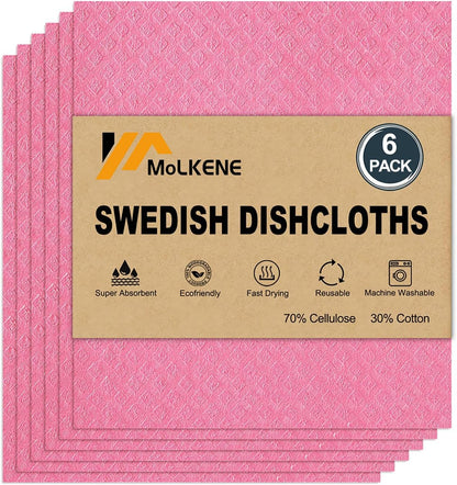 Swedish Dishcloths for Kitchen | 6 Pack Absorbent Cellulose Sponge Cloths Washable | Non-Scratch Reusable Paper Towels Quick Drying Cleaning Cloths - Pink