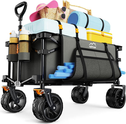 Collapsible Wagon Cart Heavy Duty Foldable, Folding Beach Wagon with Big Wheels for Sand, Utility Grocery Cart with Side Pocket and Brakes for Camping Sports Outdoor Activities, Grey