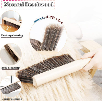 Hand Broom Beech Wood Brush,Dust Brush,Duster for Counter,12inch Foxtail Bench Brush, Round Handle Handheld Brushes,5 Rows Soft Bristles for Bed,Shop Table,Woodworking Cleaning,Car,Sofa,Furniture