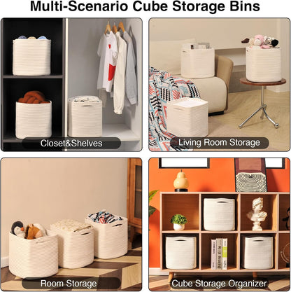 11 Inch Cube Storage Bins, Organizer Bins, Woven Cotton Rope Baskets for Storage, Storage Baskets for Organizing Shelves, White Basket for Toys, Off White (Pack of 3)