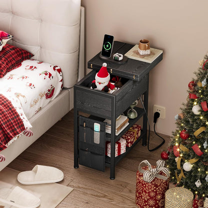 End Table with Charging Station, Flip Top Nightstand with USB Ports and Outlets,Couch Side Table with Fabric Bag and Hooks, Bedside Table for Space Saving, Living Room, Bedroom (Black)