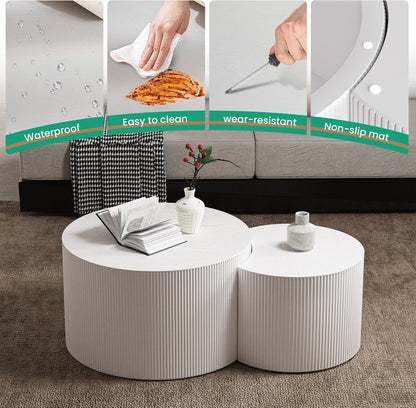 Round Nesting Coffee Table Set of 2 Handcraft Circle Fluted Nesting Coffee Tables Circular Side Table Drum Accent End Tables for Living Room Bedroom (White B Large)