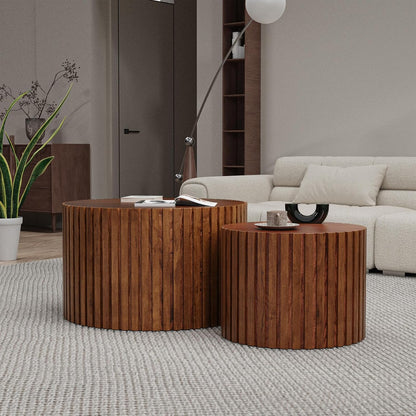 Round Coffee Table Set of 2, Nesting Coffee Table and End Table Set Small Circle Drum Side Table for Living Room Office, No Assembly (C Walnut Large)