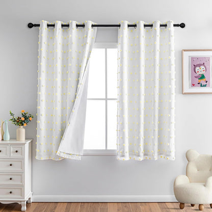 MYSKY HOME 100% Blackout Curtains for Nursery Thermal Insulated Yellow Pom Pom Curtains 63 Inch Length for Girls Bedroom 2 Panels Grommet White Sheer Curtains for Kitchen Dining Room, 52W x 63L