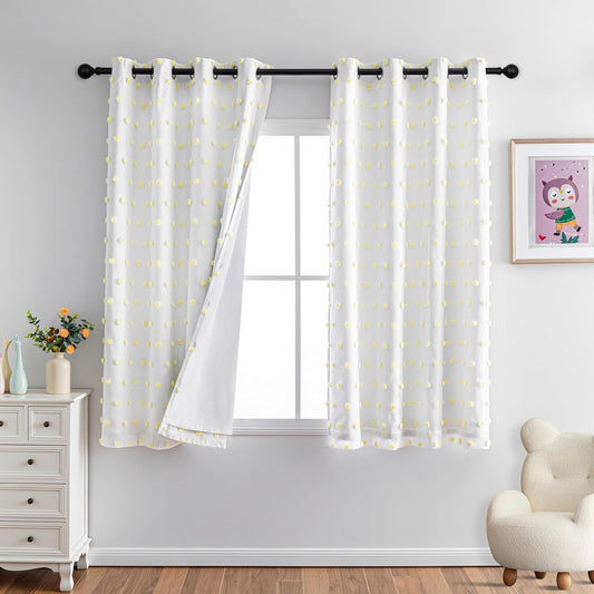 MYSKY HOME 100% Blackout Curtains for Nursery Thermal Insulated Yellow Pom Pom Curtains 63 Inch Length for Girls Bedroom 2 Panels Grommet White Sheer Curtains for Kitchen Dining Room, 52W x 63L