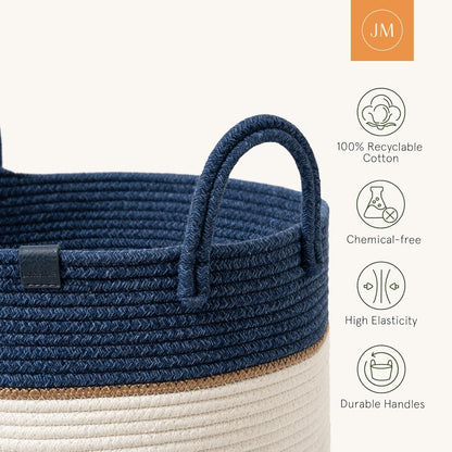 LA JOLIE MUSE Woven Basket Rope Storage Baskets - Large Cotton Organizer, Basket for Baby Blanket, Kids Toy Nursery Laundry Basket Navy Blue XL