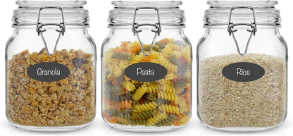 JoyJolt Airtight Glass Jars with Lids Set of 3. 32oz Glass Jar with Lid and 6 Silicone Seals! Med Glass Food Storage Containers. Square Mason Jar, Candy Jar, Sugar Jar, Pasta Containers for Pantry