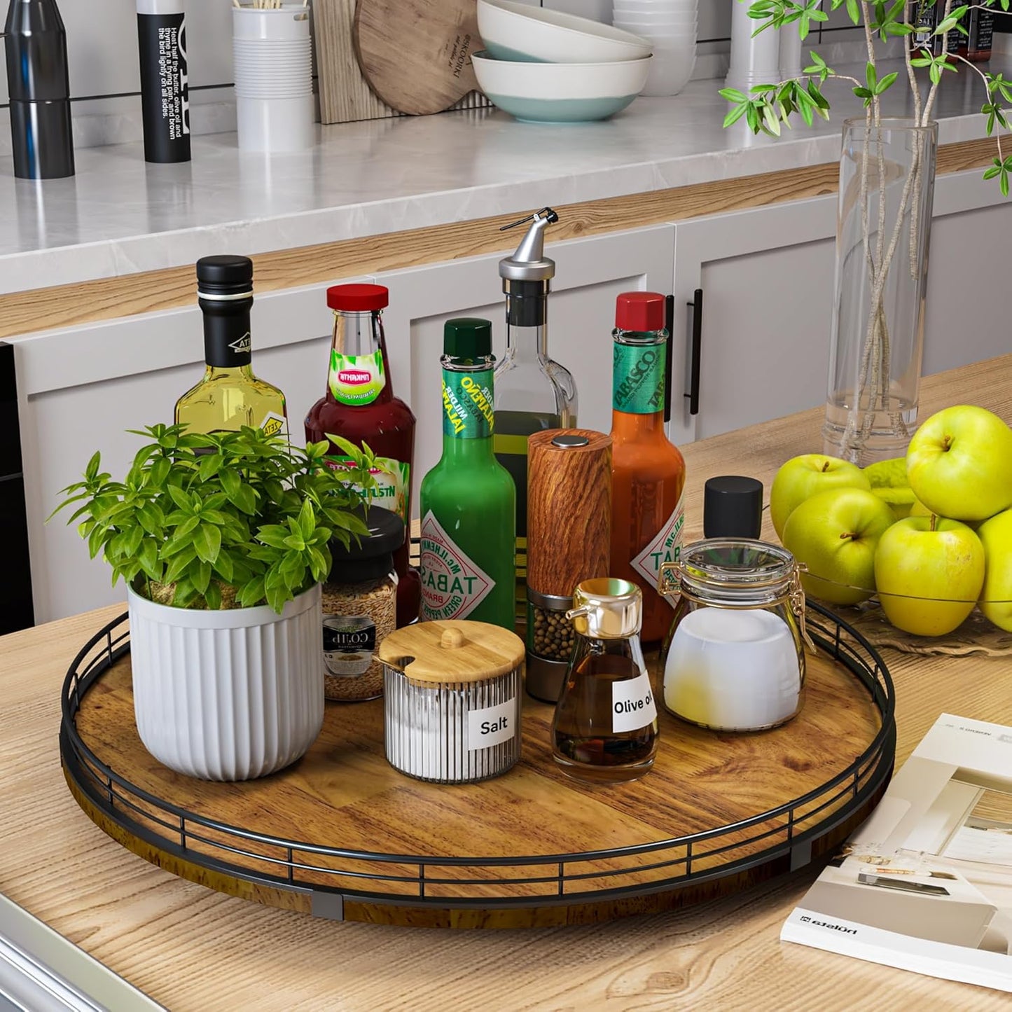 Farmhouse Oak 18" Lazy Susan Turntable Organizer for Cabinet, Round Wooden Lazy Susan Organization and Storage for Dining Table, Pantry, Kitchen, Countertop, Cupboard,Home Decor, Walnut Wood (18")