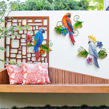 J-Fly Metal Parrots Wall Decor Outdoor Decorations for Yard Garden Decor, Metal Wall Art Decor, Patio Decorations Outdoor Bird Wall Decor-12 Inches Parrot Large Hanging Wall Decor 3 Pack