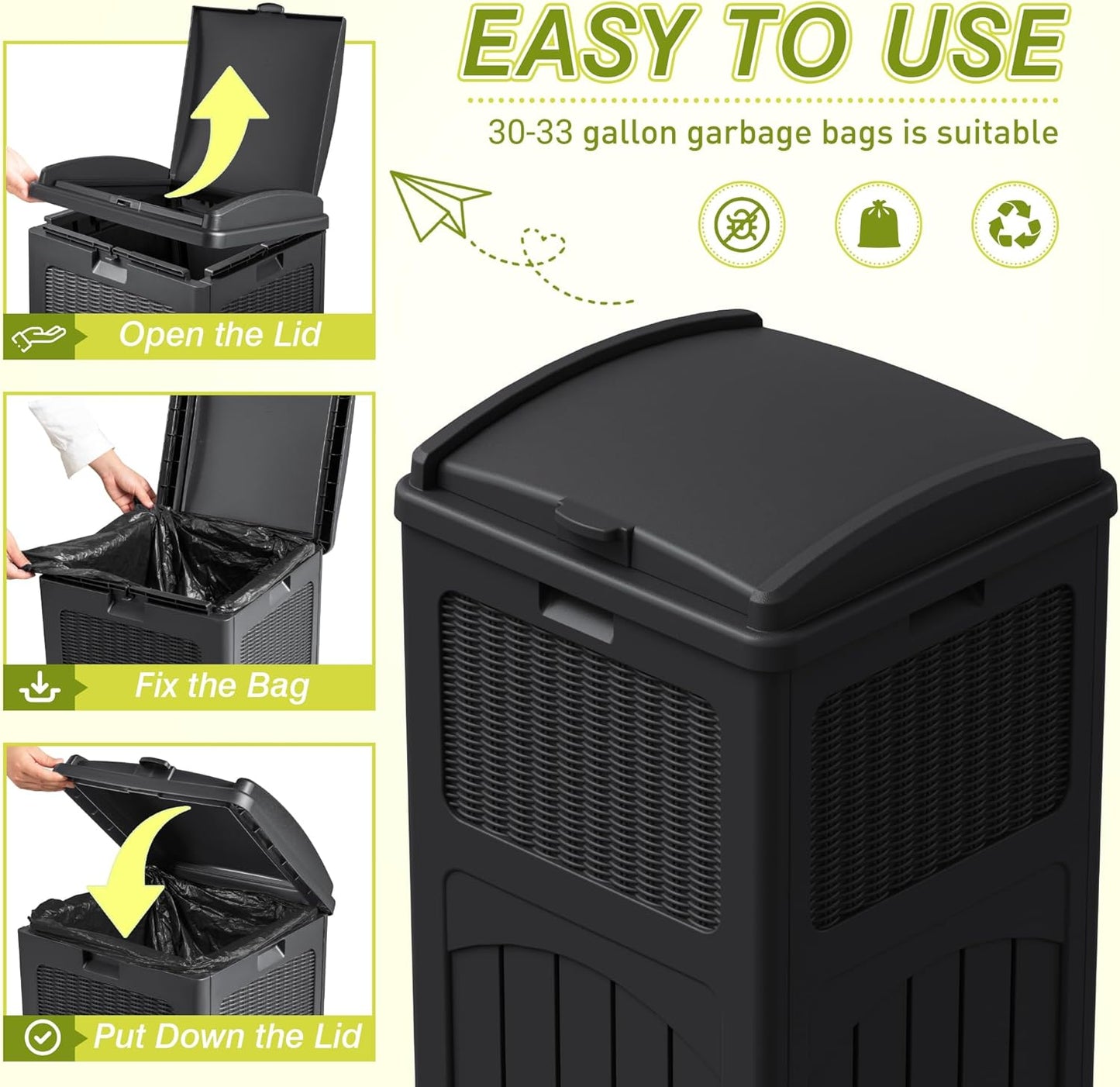 Greesum 33 Gallon Outdoor Trash Can with Lid, Waterproof Resin Garbage Bin for Hideaway, Deck, Patio, 4 Pack, Black