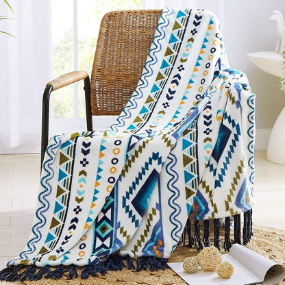 CASAAGUSTO Boho Throw Blanket - Blue and White Decorative Blankets with Tassel, Printed Flannel Bohemian Blanket for Chair, Bed, Sofa, Couch(50 * 60, Blue and White)
