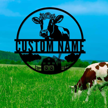 Custom Cow Metal Sign, Personalized Family Name Wall Art, Farmhouse Customized Gifts for Farmer, Flower Monogram Decor for Living Room Indoor Outdoor Hanging