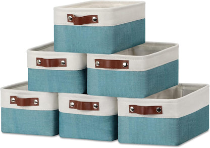 DULLEMELO Storage Baskets Bins for Organizing, Small Fabric Baskets for Shelves, Closets, Nursery, Home, Office, Empty Gift Baskets (6-Pack, White&Teal)