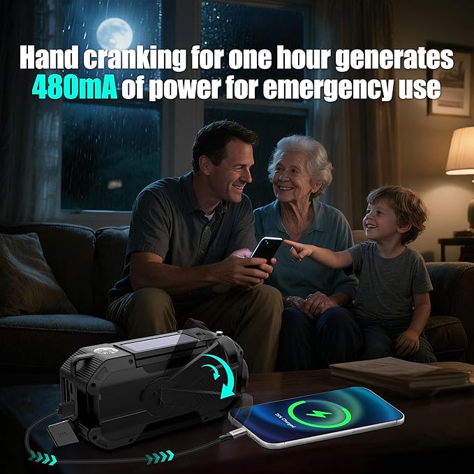 Hand Crank Emergency Radio,Portable AM FM NOAA Weather Radio,Solar Power,Battery Operated,USB Charging Flashlight,Cell Phone Charger,Waterproof,SOS for Camping,Power Outage,Survival Storm