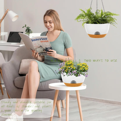 12 Inch Hanging Baskets 2 PC with Chains, Self-Watering Hanging Planters for Indoor Outdoor Plants, Plastic Hanging Flower Pots,White Brown