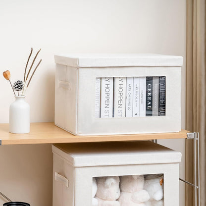 Citylife 4-Pack Storage Bins with Lids, Fabric Foldable Storage Bins with Soft Cord Handles, Cube Closet Storage Baskets with Lids, Organizers for Organizing Clothes and Books, Beige