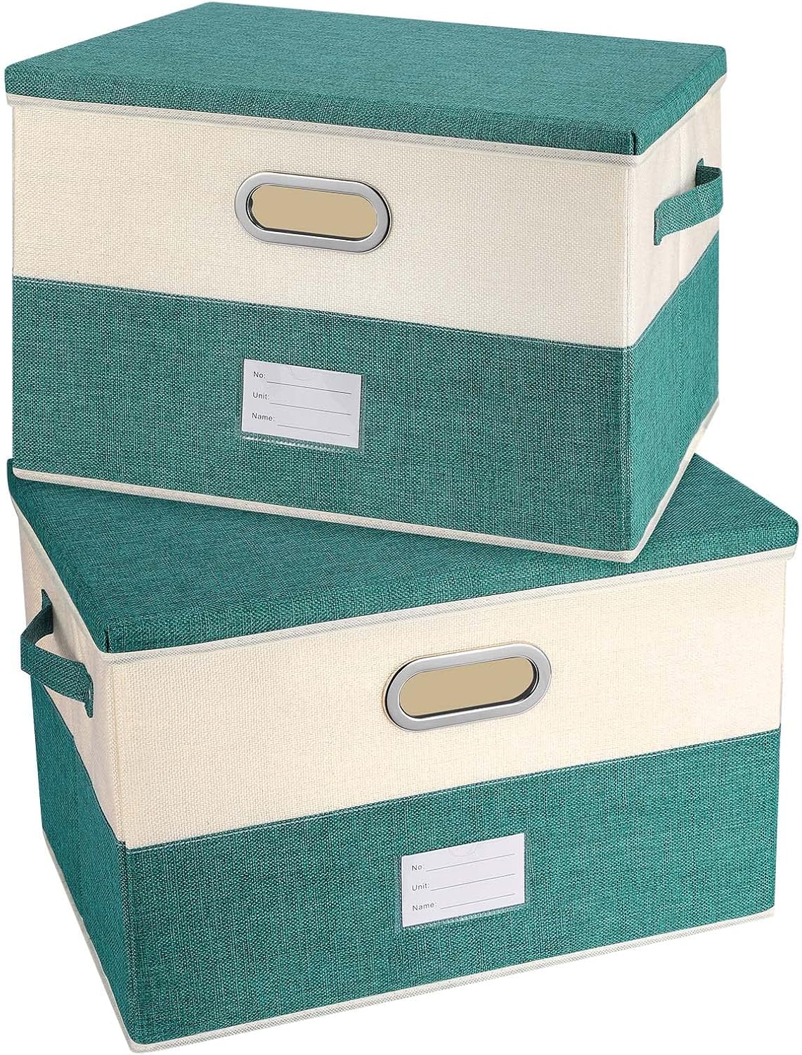 Large Linen Fabric Foldable Storage Bins with Removable Lid and Handles, Washable Storage Box Organizer Containers Baskets Cube with Cover for Bedroom,Office (Turquoise&Cream, Medium(2-Pack))