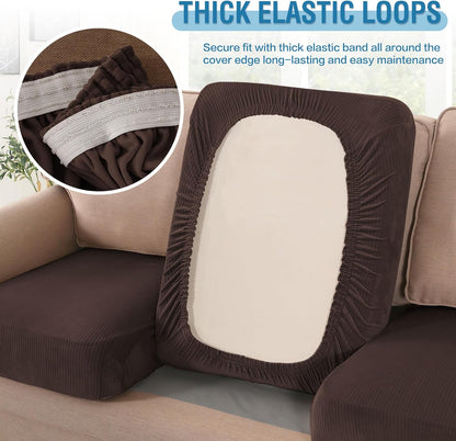 H.VERSAILTEX Velvet Stretch Couch Cushion Cover Plush Cushion Slipcover for Chair Loveseat Sofa Cushion Furniture Protector Seat Cushion Sofa Cover (3 Piece XL Sofa Cushion Covers, Brown Striped)