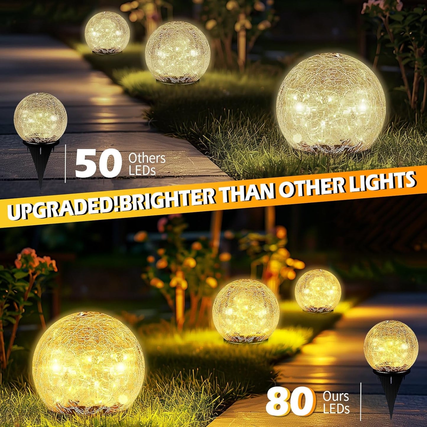 Garden Solar Ball Lights Outdoor Waterproof, 80 LED Cracked Glass Globe Solar Power Ground Lights for Path Yard Patio Lawn, Christmas Decoration Landscape Warm White(2 Pack 5.9'')
